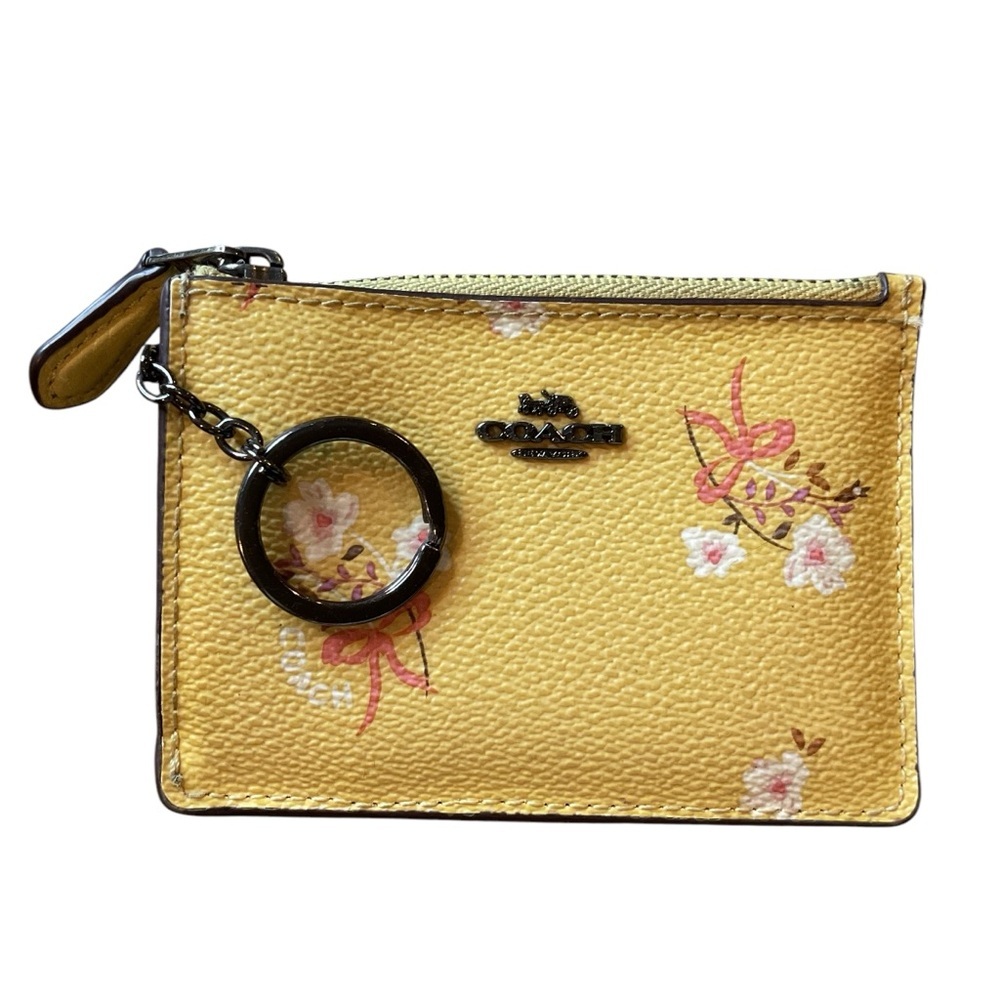 Coach Yellow Floral Leather Key & Card Holder with Ring